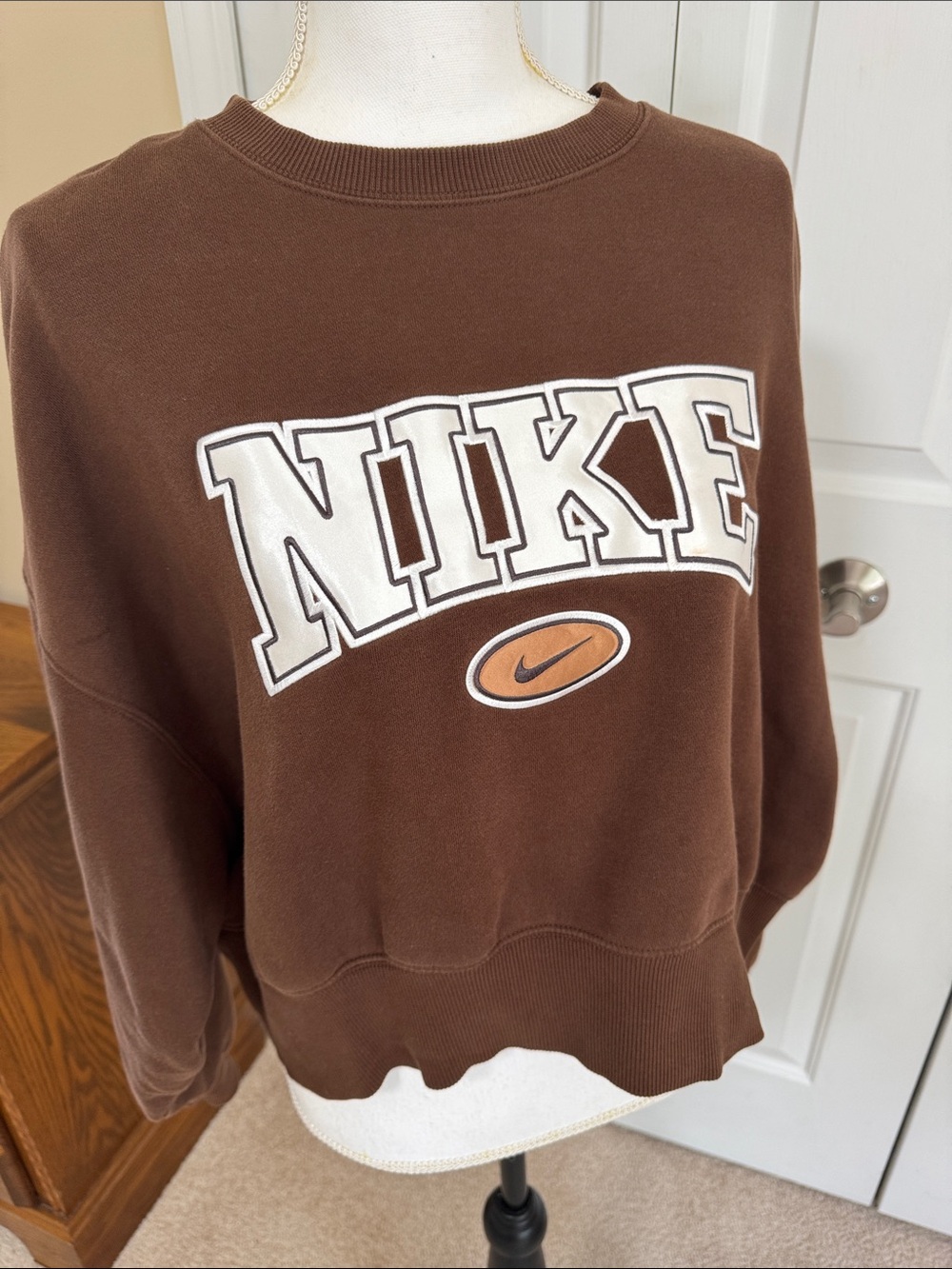 Nike Brown Crewneck with White Logo and Orange Accent
